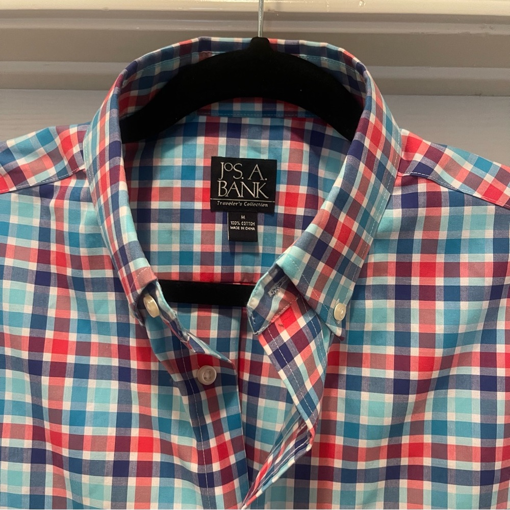 Jos A. Bank Travelers Collection Medium LS Blue Plaid Button-Down Cotton Shirt